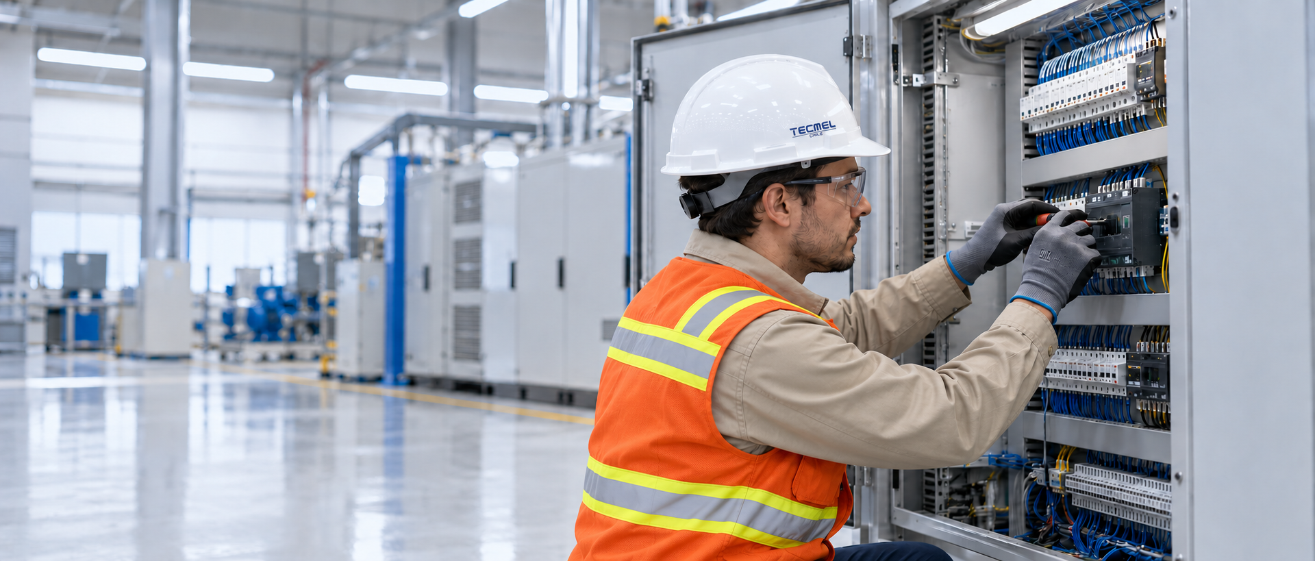 Técnico de Tecmel Chile trabajando en un tablero de control industrial